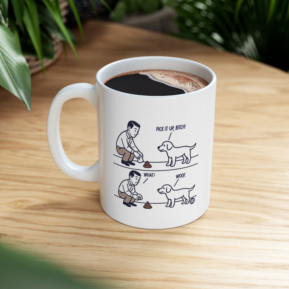 Humorous dog and owner mug with funny text illustration