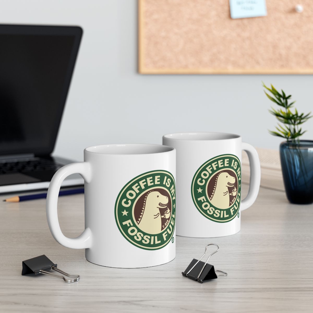 Coffee is my fossil fuel mug with dinosaur artwork