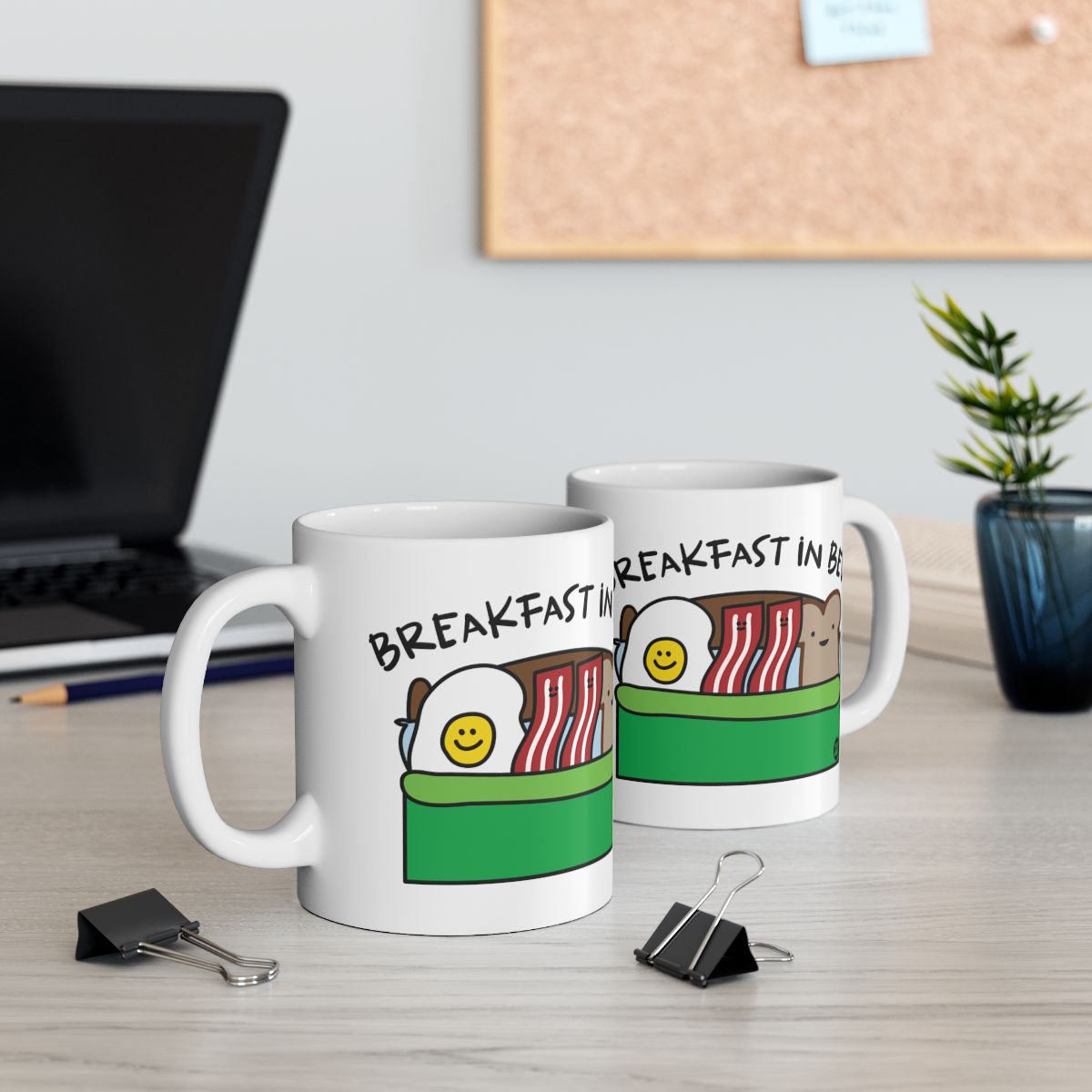 Cute Breakfast in Bed Mug with Smiley Faces Coffee Mug
